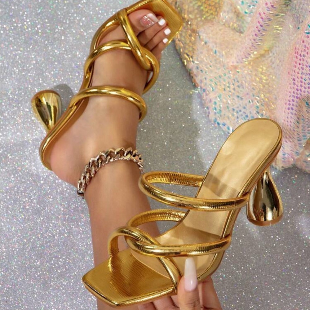Gold Metallic Stiletto Heels with Ankle Straps